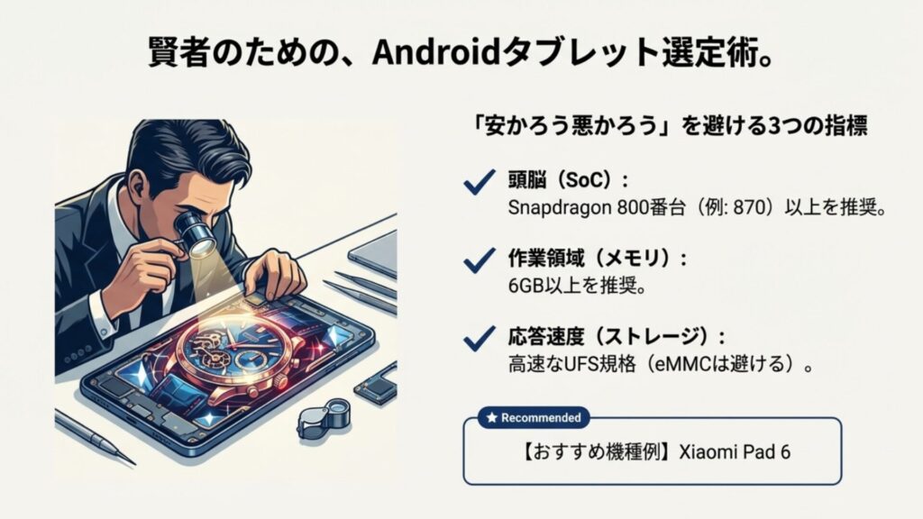 失敗しないAndroidタブレット選定の3つの指標。SoCはSnapdragon 800番台、メモリ6GB以上、ストレージはUFS規格を推奨しているスペック表。
