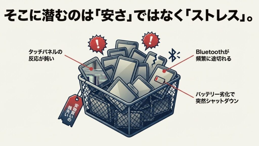 格安タブレットや中古品のリスク一覧。タッチパネルの反応が鈍い、Bluetoothが途切れる、バッテリー劣化などのストレス要因を図解。