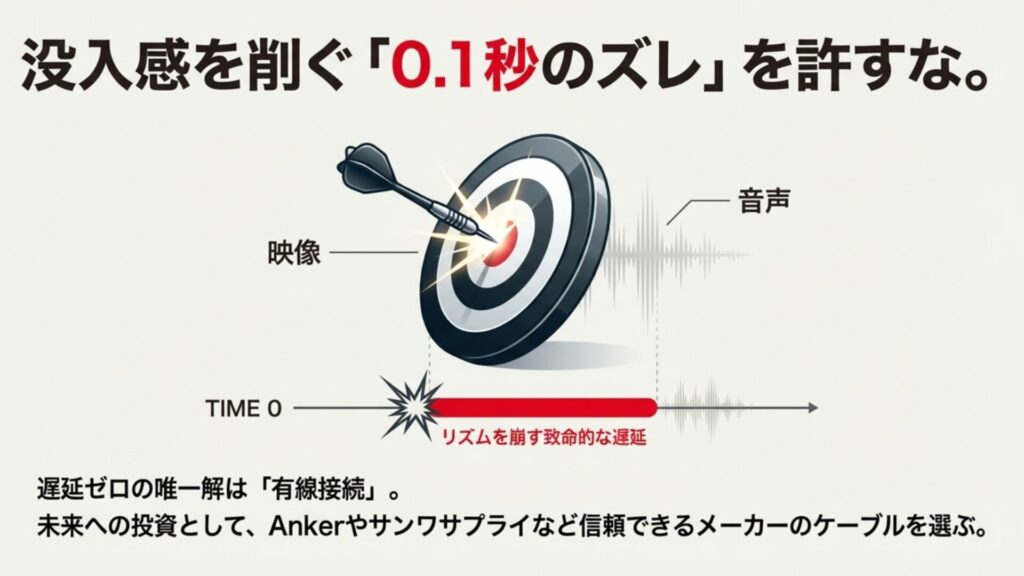 ダーツにおける映像と音声の遅延（レイテンシ）が致命的であることを示す図解。0.1秒のズレを防ぐために信頼できるメーカーのケーブルで有線接続することを推奨。