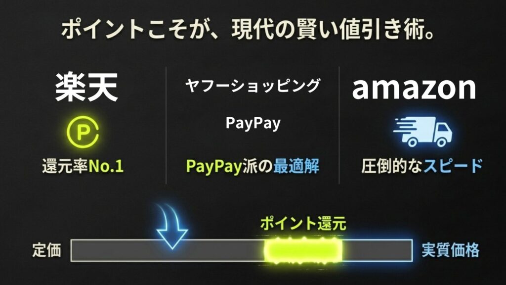 楽天、Yahoo!ショッピング、Amazonのポイント還元比較。PayPayやポイント還元による実質価格の低下を解説する図