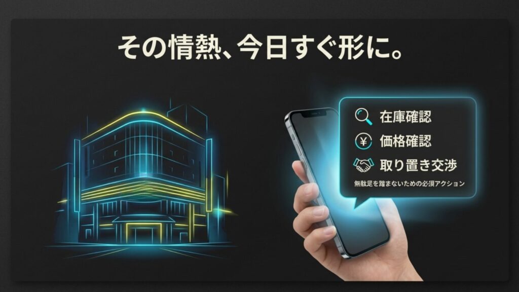 ドン・キホーテ店舗のイメージイラストと、在庫確認・価格確認・取り置き交渉を行うための電話確認フロー