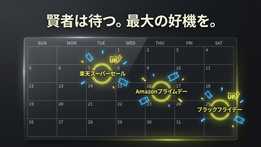 楽天スーパーセール、Amazonプライムデー、ブラックフライデーなどの年間セールカレンダーとポイントアップ時期