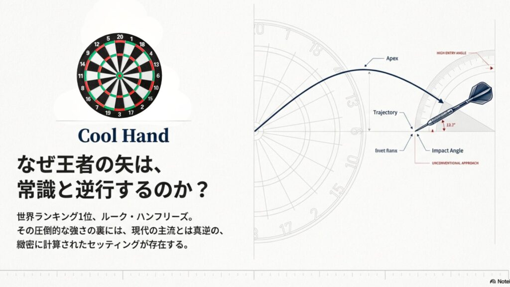 ルーク・ハンフリーズのダーツ軌道と入射角の図解