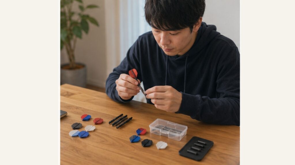 色の異なるフライトを並べてダーツの組み合わせを調整する男性