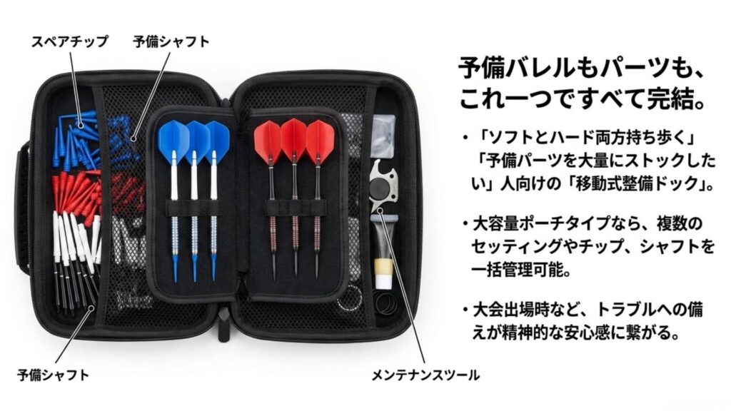 ダーツ用品一式と予備パーツが大量に収納された開いた状態の大容量ポーチ型ケース