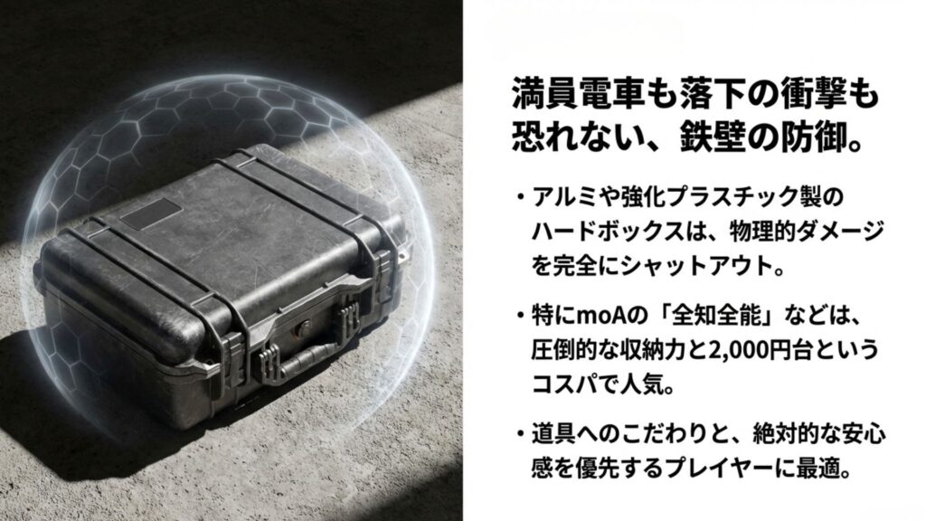 物理的ダメージを防ぐ堅牢なハードボックスタイプの黒いダーツケースと防御イメージ