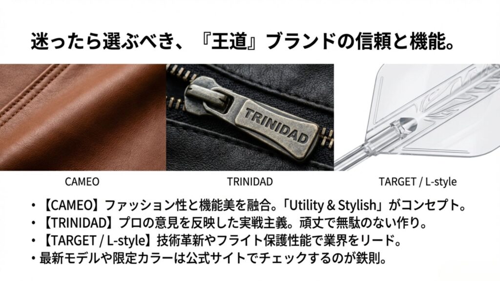 TRINIDAD（トリニダード）やCAMEO（カメオ）など人気ダーツブランドのロゴとケースのディテール