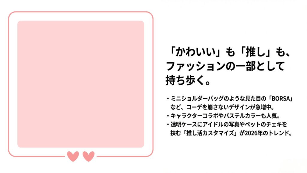 アイドルの写真を入れて推し活カスタマイズされた透明ケースと、ピンク色のミニショルダー型ケース