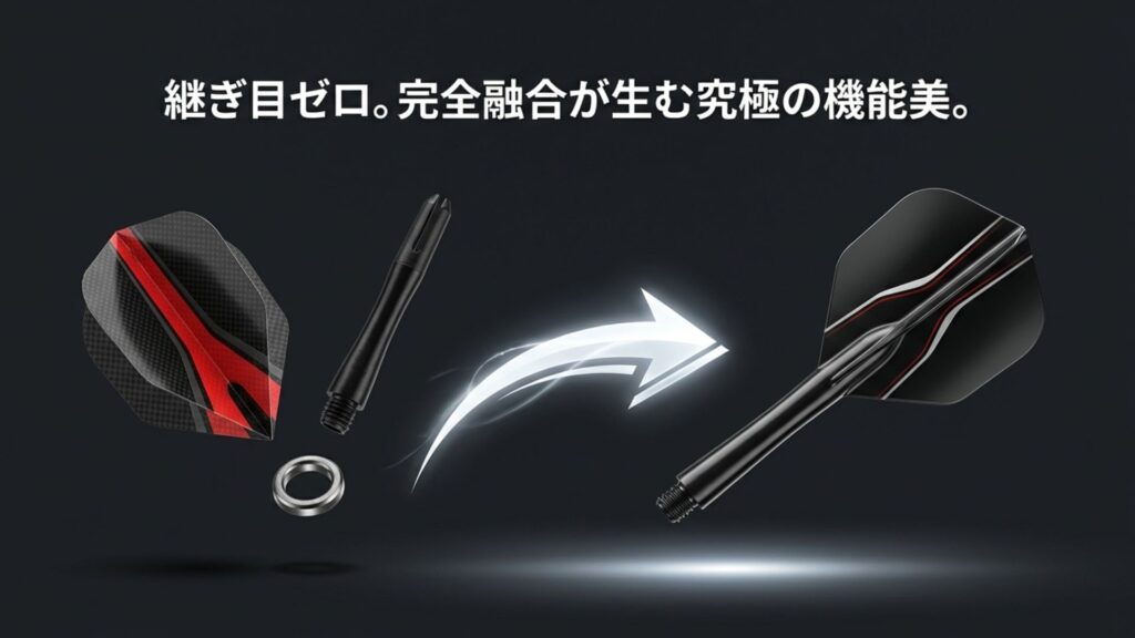 従来のフライト・シャフト・リングの3パーツ構成と、それらが統合された一体型フライトの比較図