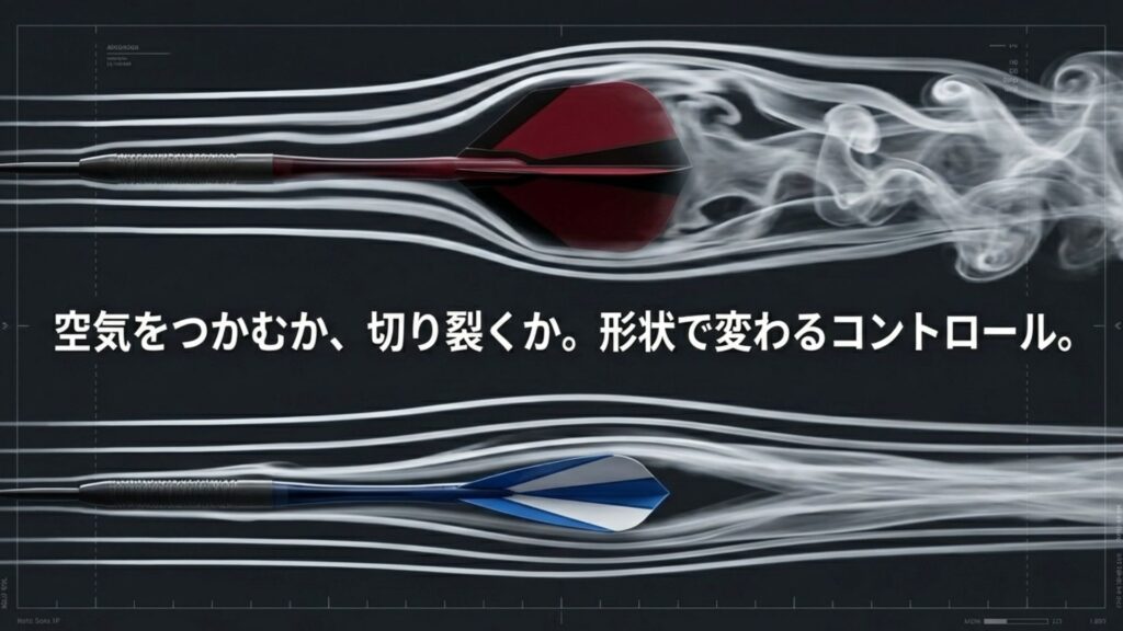 スタンダードやシェイプなど、異なるフライト形状が空気抵抗とコントロールに与える影響のイメージ