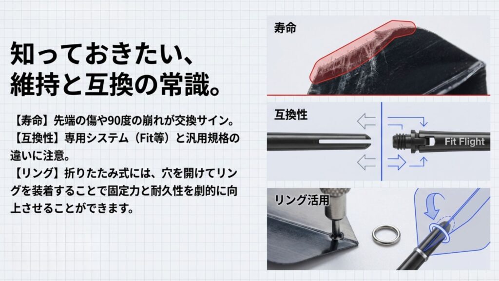 フライトの交換時期の目安、メーカー間の互換性、リング活用の方法をまとめた図解。