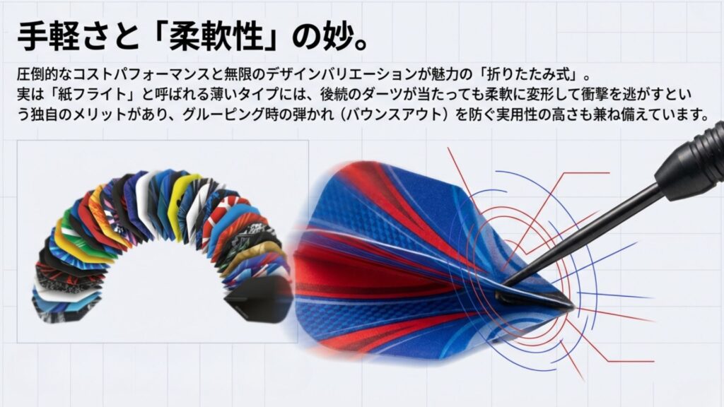 折りたたみ式フライトのバリエーションと、衝撃を逃がす柔軟性のメリット解説。