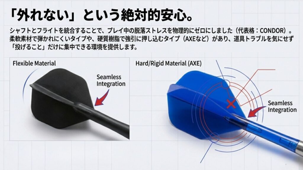 シャフトとフライトがシームレスに統合された一体型フライト。プレイ中の脱落を防ぐ構造。