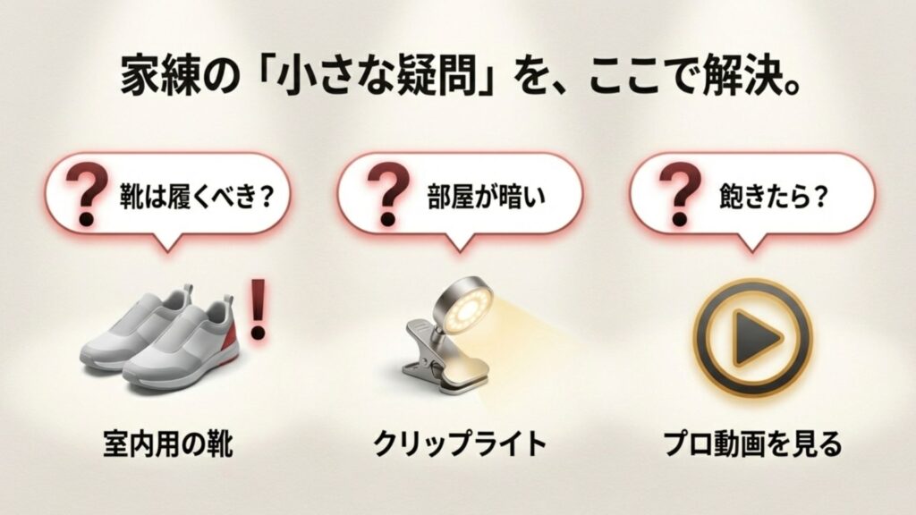 家練の疑問(靴、照明、飽き)とそれぞれの解決策(室内靴、クリップライト、動画視聴)のアイコンセット
