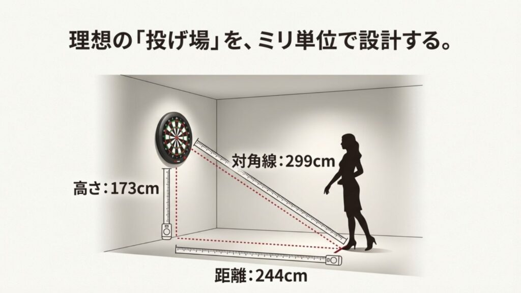 ダーツボード設置の公式サイズ図解。床からブル中心まで173cm、スローラインまで244cm、対角線299cmの距離を示す
