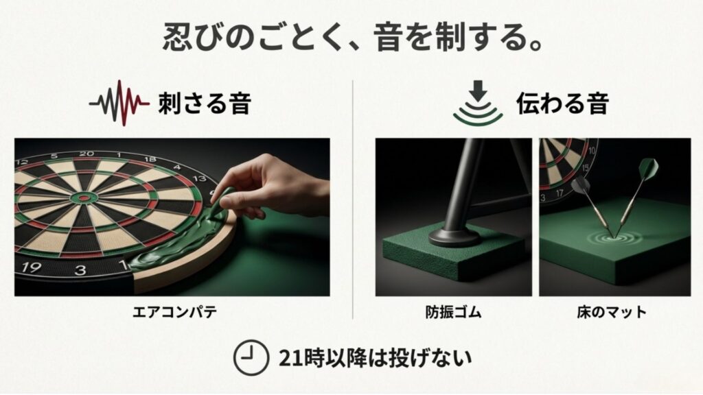 ダーツボード裏の空洞にパテを埋める様子と、スタンド足元の防振ゴム、床の防音マットのイメージ