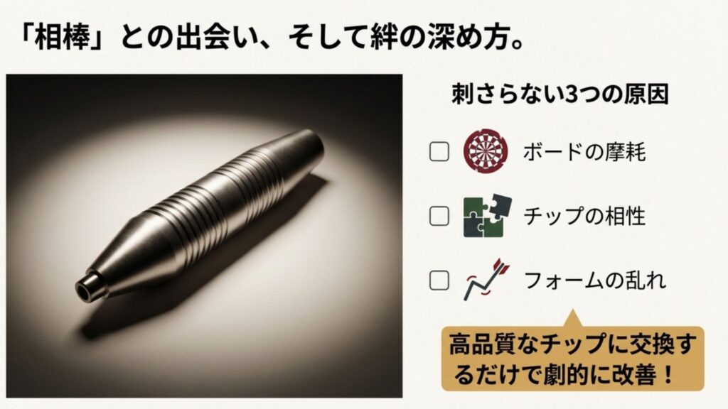 ダーツがボードに弾かれる原因(摩耗、チップの相性、フォーム)と、高品質チップへの交換を推奨するイメージ
