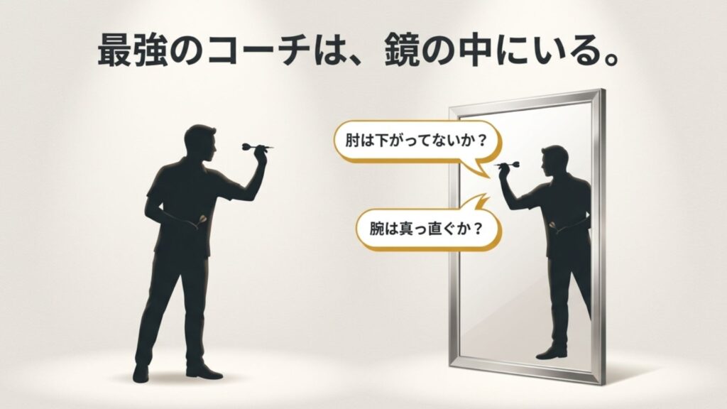 鏡の前でダーツの投げるポーズをとり、肘の高さや腕の振りをチェックしているシルエット