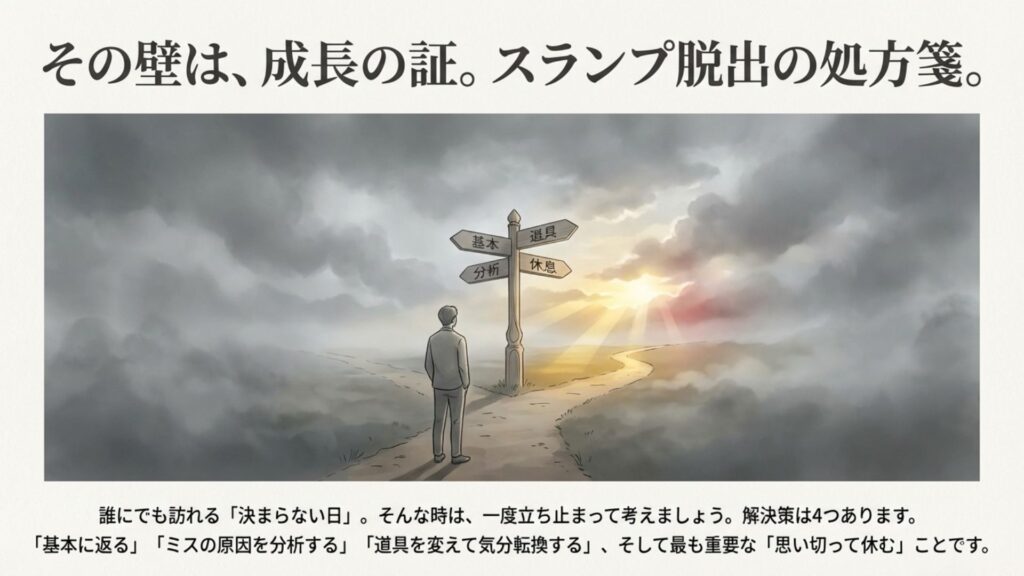 ダーツのスランプ脱出の分かれ道を示す標識のイラスト。基本、道具、分析、休息の4つの解決策を示唆している。