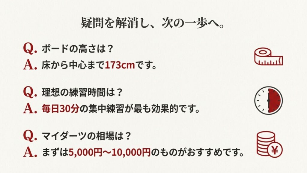 ダーツに関するよくある質問（FAQ）のまとめイラスト。ボードの高さ173cm、練習時間30分、マイダーツ予算のアイコン。