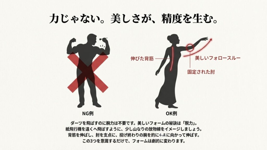 ダーツの美しいフォームの作り方図解。腕力ではなく脱力が重要であることを示し、背筋、肘の固定、フォロースルーのポイントを解説。