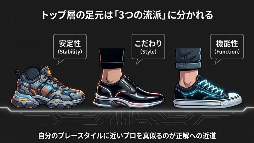 プロ選手の靴選びにおける3つの流派（安定性、こだわり、機能性）を示すイラスト。