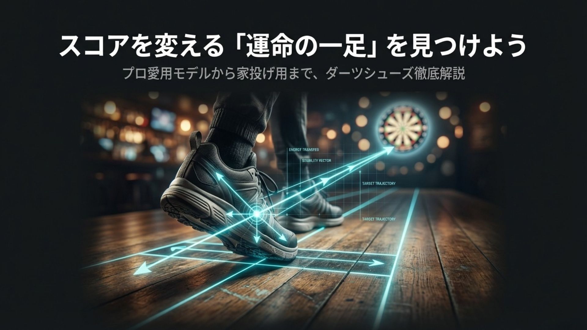 ダーツボードへの軌道イメージとシューズのクローズアップ。「スコアを変える運命の一足」のキャッチコピー。