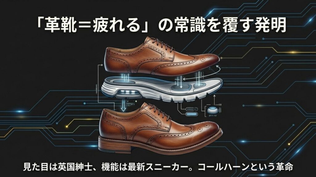 見た目は革靴だが45度に柔らかく曲がり、スニーカーのような機能性を持つ靴の図解。