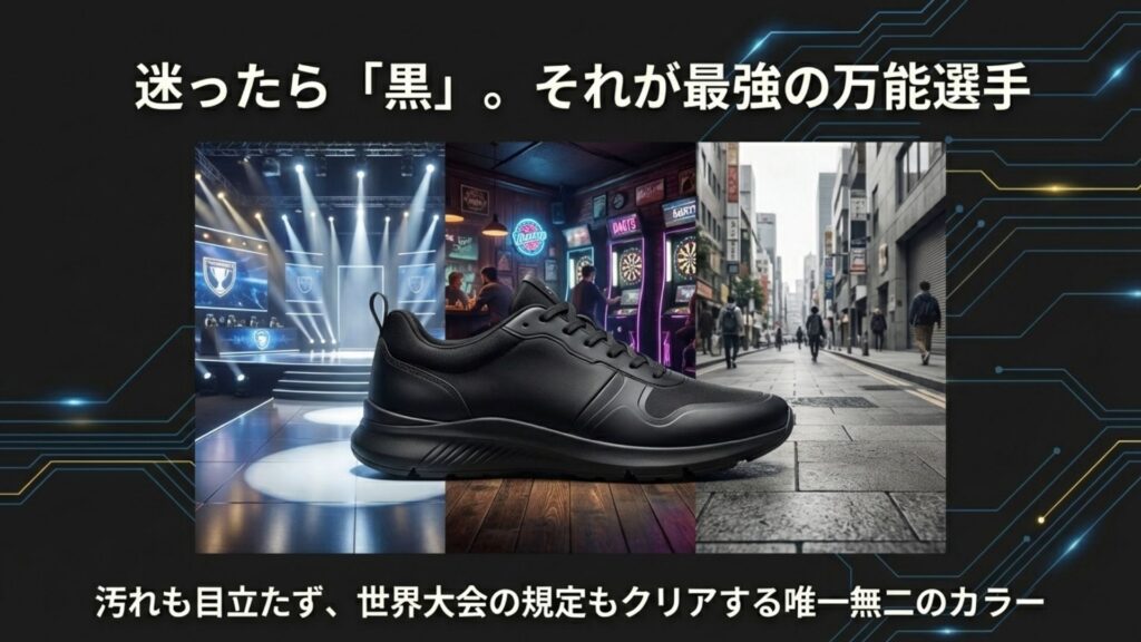 ダーツバーや街中の背景に馴染む黒いスニーカー。汚れが目立たないメリットを表現。