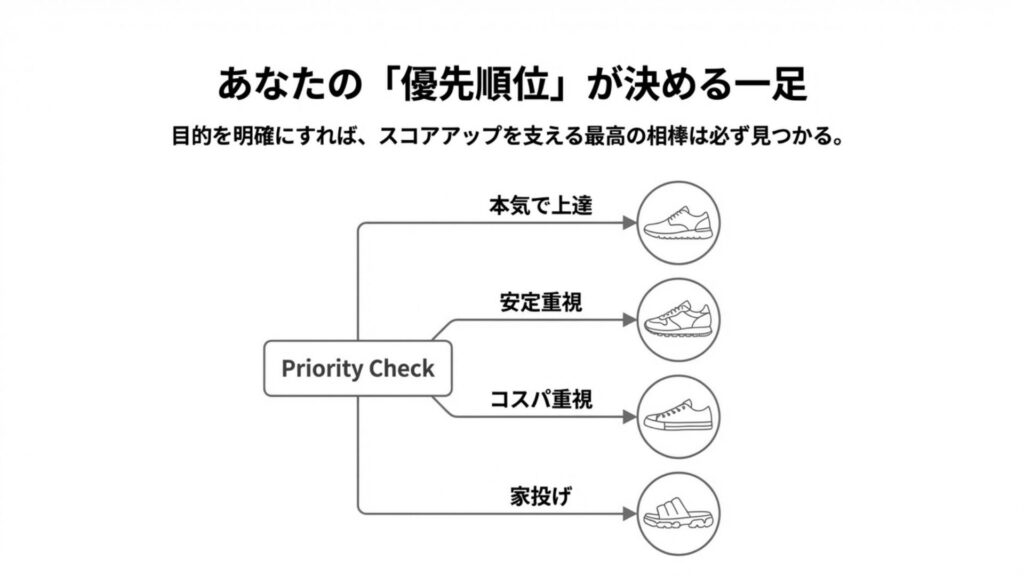 「本気」「安定」「コスパ」「家投げ」の目的別に最適な靴がわかるフローチャート。