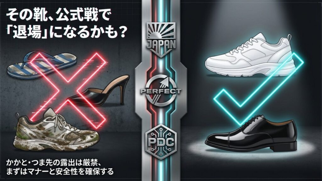 公式戦で禁止されているサンダルやヒールと、推奨されるスニーカーの対比イラスト。