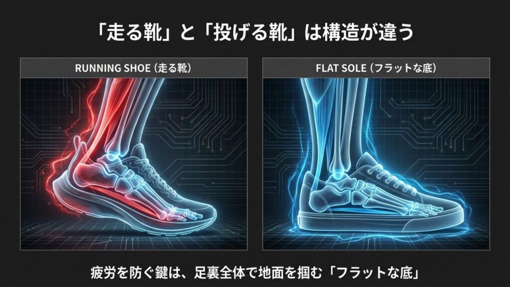 ランニングシューズの反り上がったソールと、ダーツに適したフラットなソールの構造比較図。