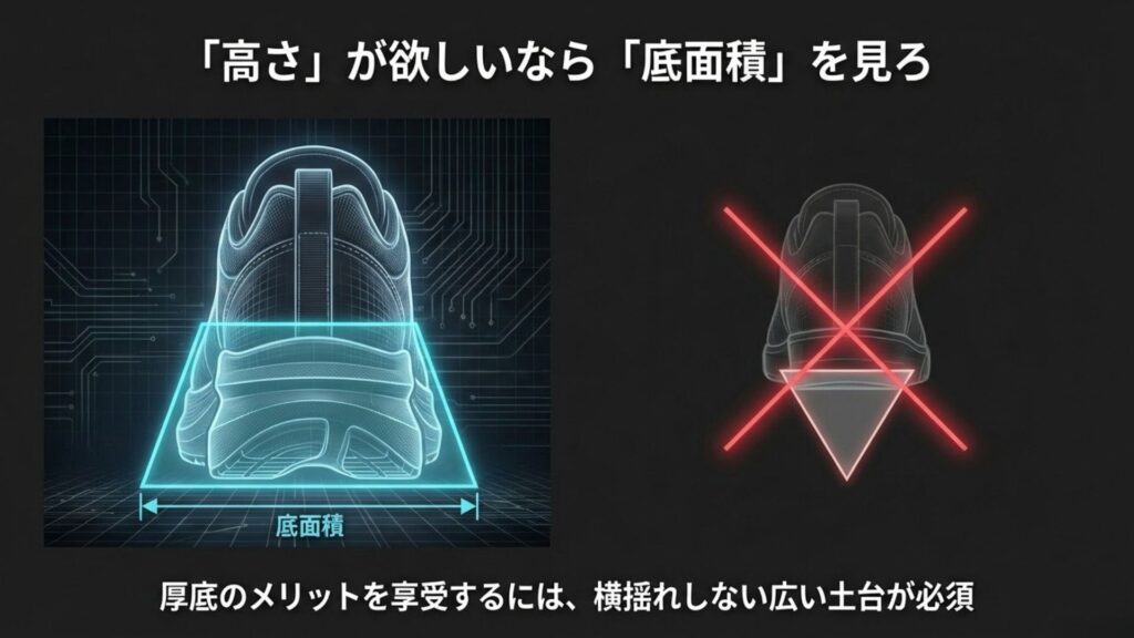 厚底シューズの安定性を確保するために必要な「底面積」の広さを示す三角形の図解。