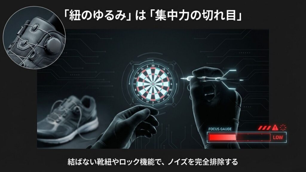 靴紐の緩みが集中力低下につながるイメージ図と、ダイヤル式などの対策。