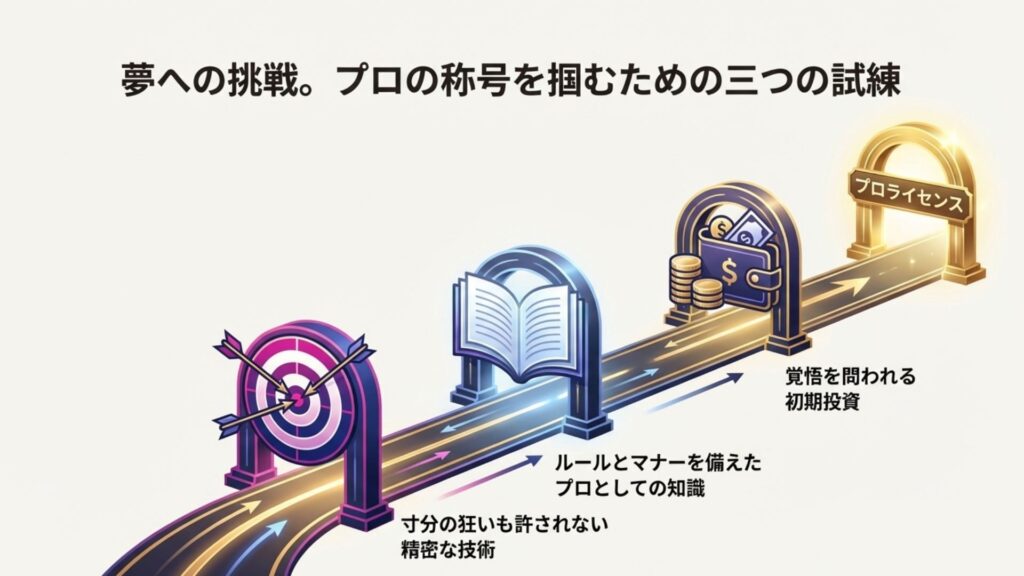 プロライセンス取得への道を示す3つの要素(知識、技術、初期投資)のイメージ図。