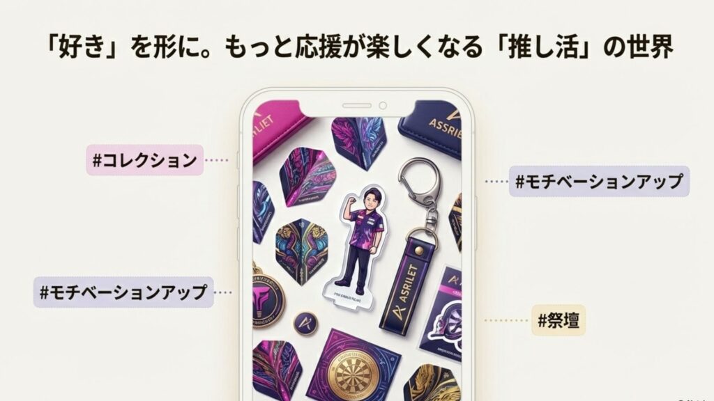 スマートフォン上に並べられた、フライトやアクリルスタンドなどの女子プロ推し活グッズ。