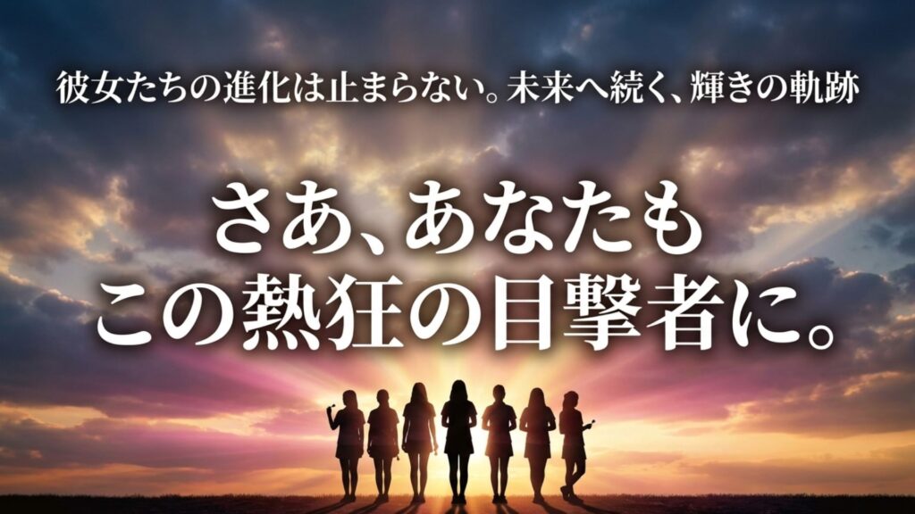 「彼女たちの進化は止まらない」というメッセージが書かれたエンディングスライド。