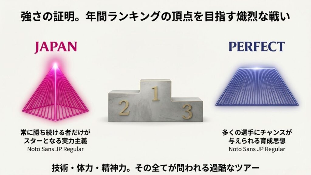 年間ランキングの表彰台とピラミッド構造のイラスト。実力主義と育成思想の対比。