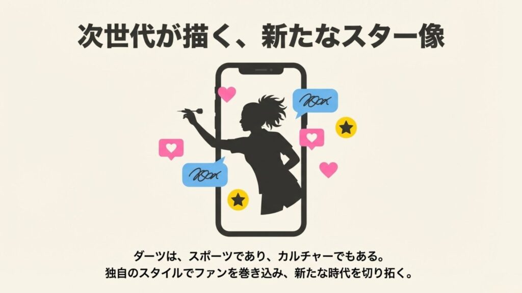 スマートフォンの画面から飛び出すダーツ女子のシルエットと、SNSのいいねやコメントのアイコン。