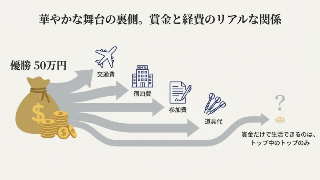 優勝賞金50万円に対し、ホテル代や交通費などの経費が積み重なる様子を示した図。