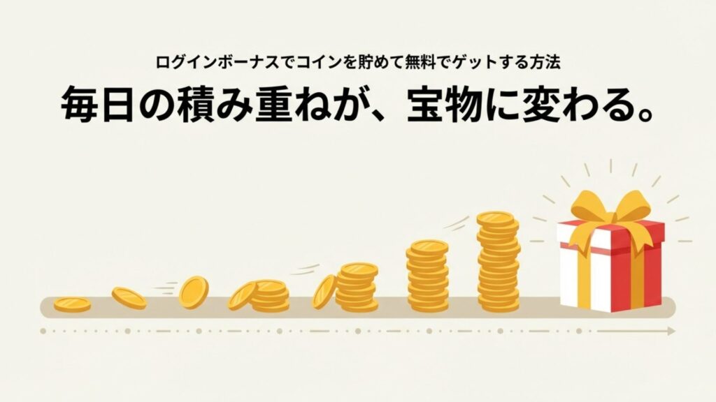 毎日のログインでコインが積み上がり、プレゼントボックスに到達するイラスト。
