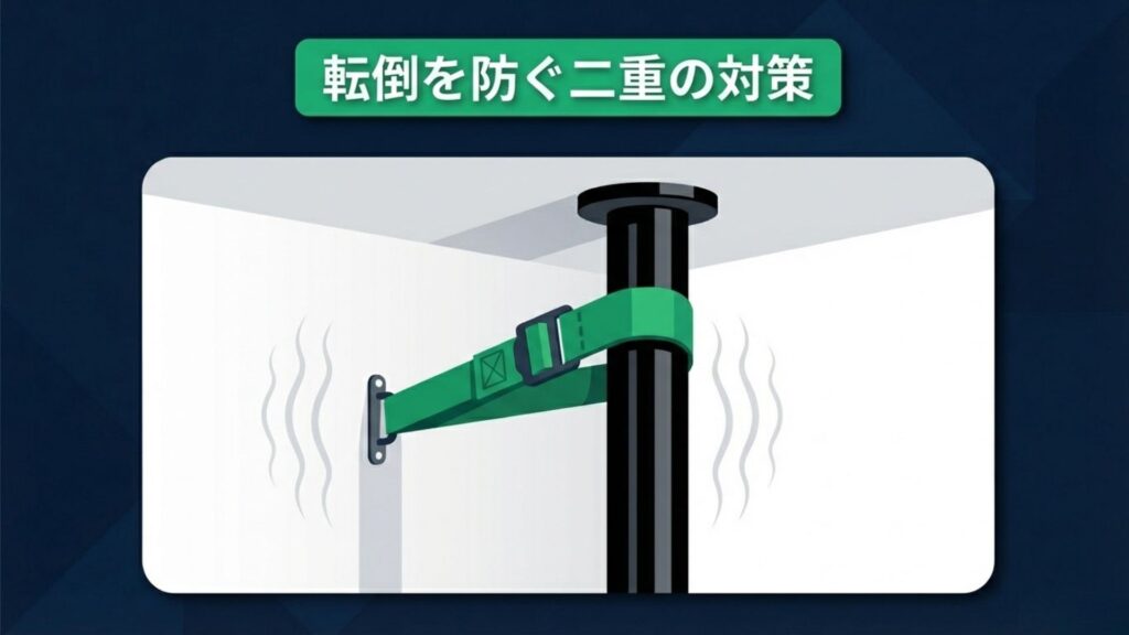 ポールスタンドをベルトで壁に固定し、地震時の転倒を防ぐ対策