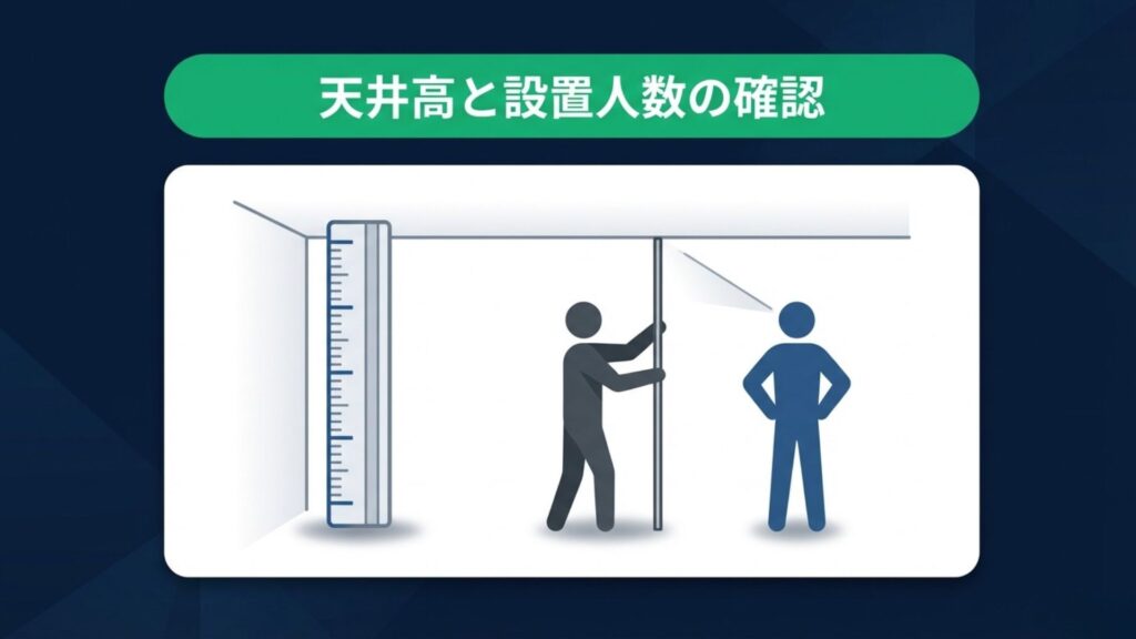 メジャーで天井高を測る様子と、複数人で安全に設置作業を行うイラスト