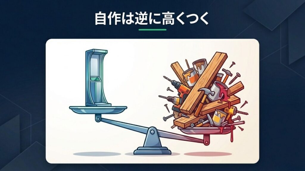 ダーツスタンドの製品価格と、DIYにかかる材料・工具・手間の重さを天秤で比較している図