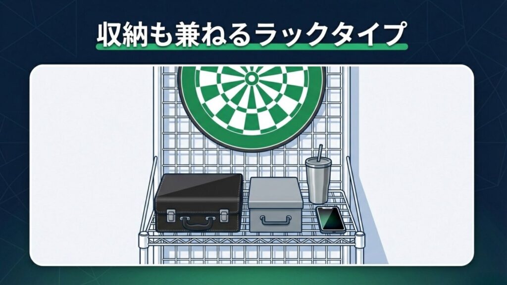 ダーツボードの下に棚があり、ダーツケースや小物を収納しているラック型スタンド