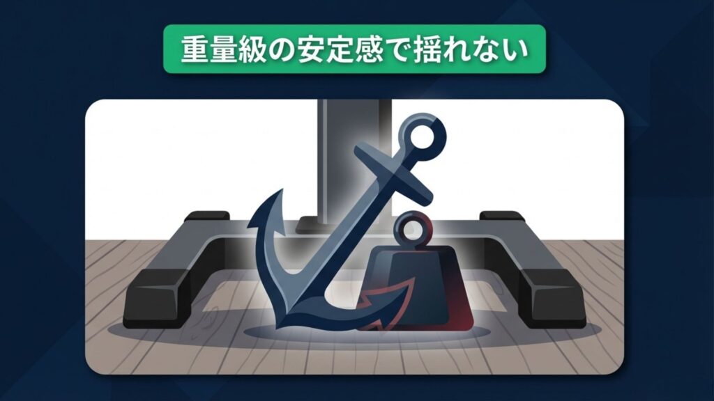 重厚な土台（アンカー）で支えられ、揺れに強い安定したスタンドのイメージ