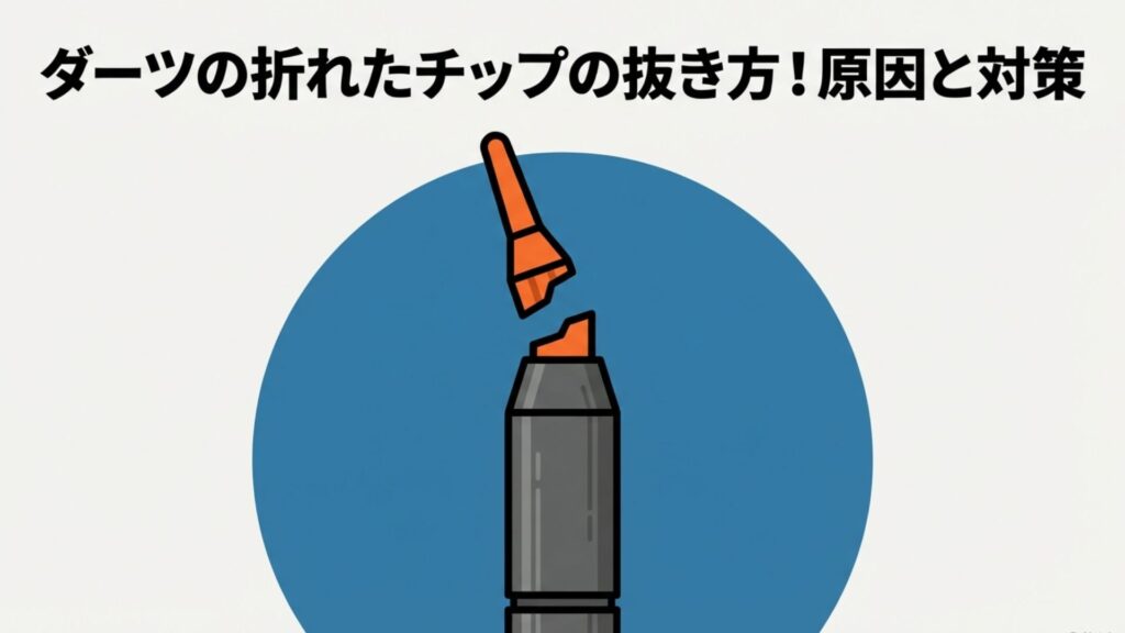 ダーツのバレルから折れたチップを抜こうとしているイメージ画像と「ダーツの折れたチップの抜き方!原因と対策」のタイトル文字。