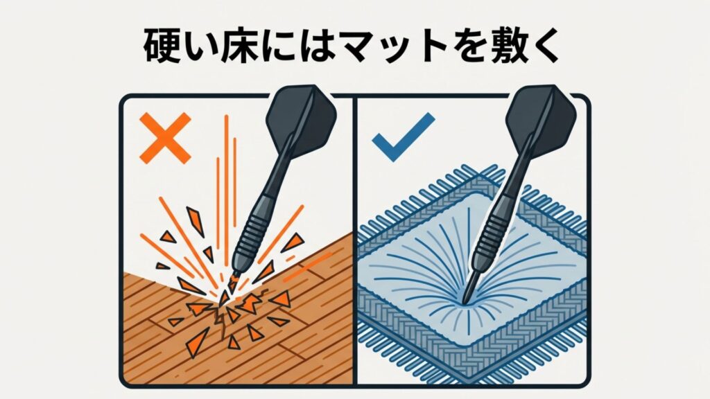 硬いフローリングに落ちてチップが粉砕する様子と、ダーツマットを敷いて衝撃を吸収し保護している様子の比較図。
