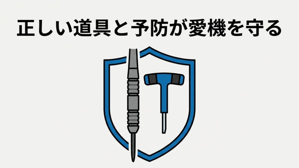 バレルと専用ツールが盾の中に配置され、正しい道具と知識が愛機を守ることを象徴するまとめの図解。