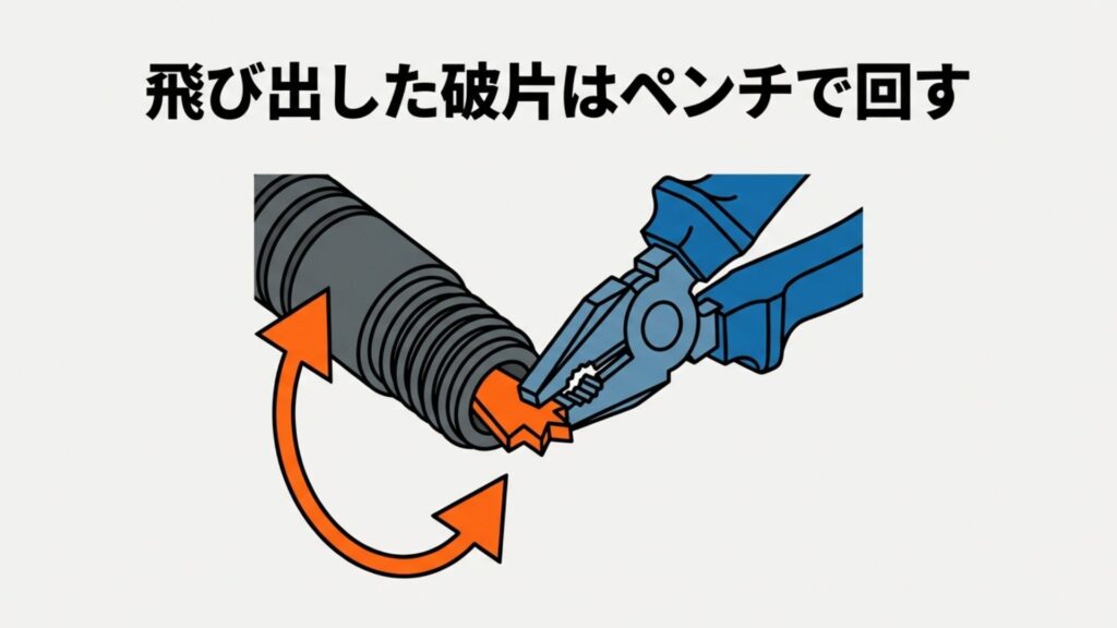 バレルから数ミリ露出したチップの破片を、ペンチでしっかりと掴んで回転させて抜く手順のイラスト。